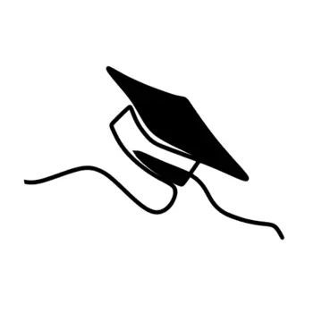 Black and white line art illustration of a graduation cap, with simple lines outlining the cap's square top and hanging tassel.